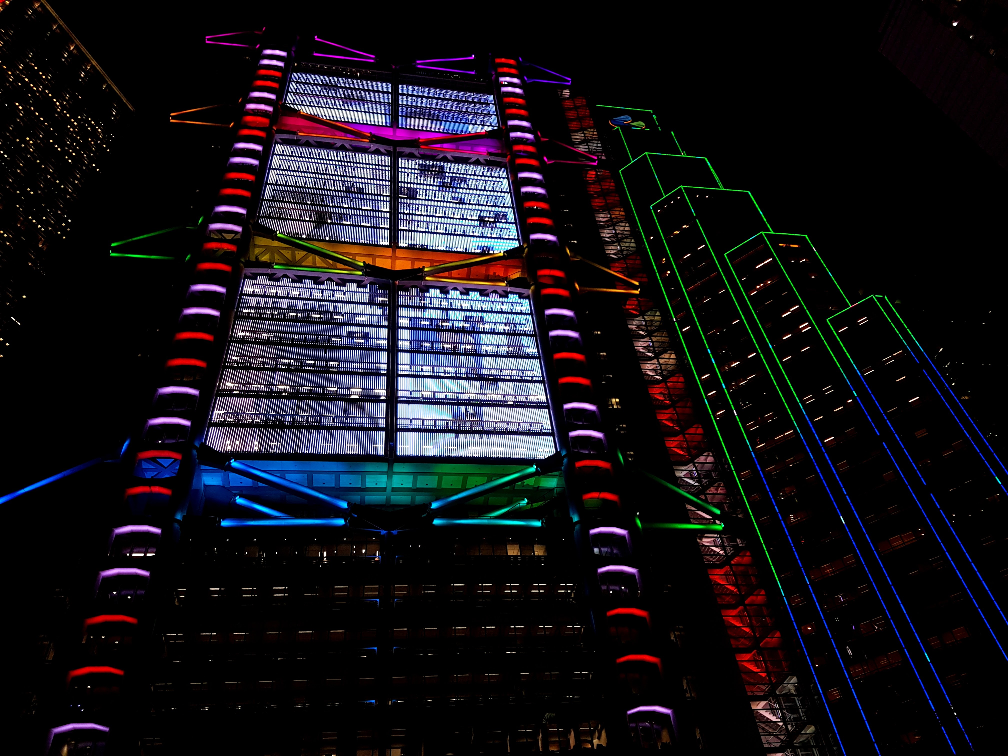 The HSBC building lit up during the Lumieres HK Festival